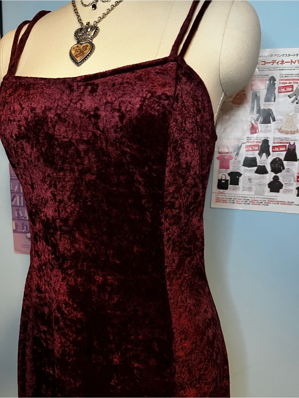 Vintage 90s Y2K Burgundy Stretch Velvet Whimsigoth Maxi Dress Sm/Md - Picture 6 of 10